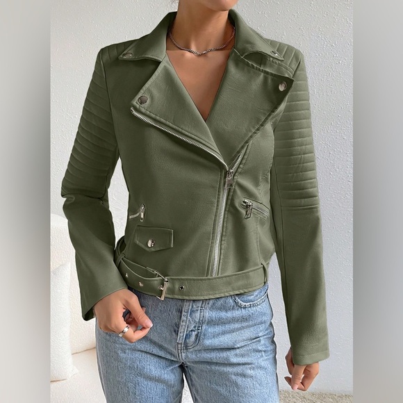Jackets & Blazers - Quilted detail olive green vegan leather jacket zip arms coat